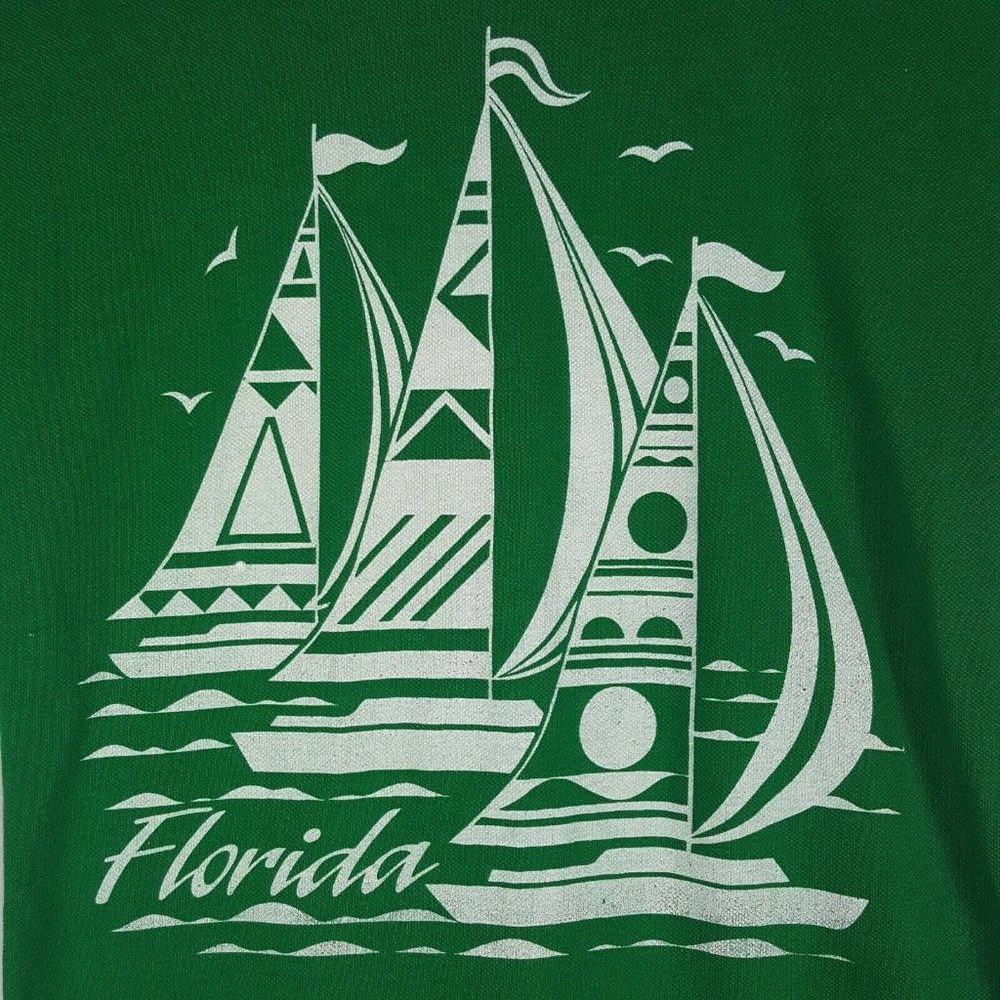 Vtg 70s Florida Sailboats Ringer T-Shirt M Green